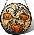 Stained Glass Window Hanging - Halloween Decoration Orange Pumpkin Vine Leaves Suncatcher for Door Garden Spooky Sun Catchers Gothic Decor Horror Gifts for Women Men Friend Boy Girl 9.8 in