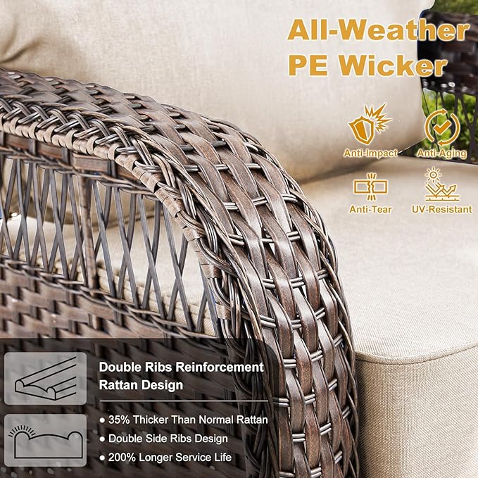 5 Pieces Patio Furniture Set Outdoor Sectional Sofa Couch with Rocking Swivel Chairs 5" Deep Seat Chairs, Modern Wicker Rattan Conversation Set, Beige/Brown Wicker