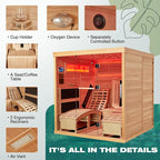Infrared Sauna,2 Person Luxurious Indoor Sauna with Recliner, Wooden Sauna with 7-Color Starry Ceiling,9 Heating Tubes,5 Carbon Panels,2-in-1 Door Handle,Himalayan Salt Brick,220V