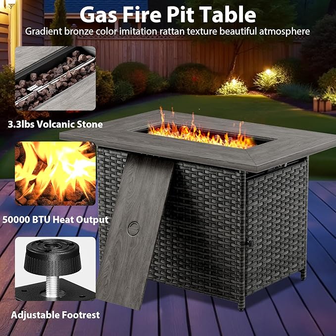 5 Piece Wicker Patio Furniture with Fire Pit Table - Outdoor Conversation Set with 50,000 BTU Fire Pit, All Weather Rattan Patio Set for Deck Backyard Garden - Grey Wicker Blue Cushion