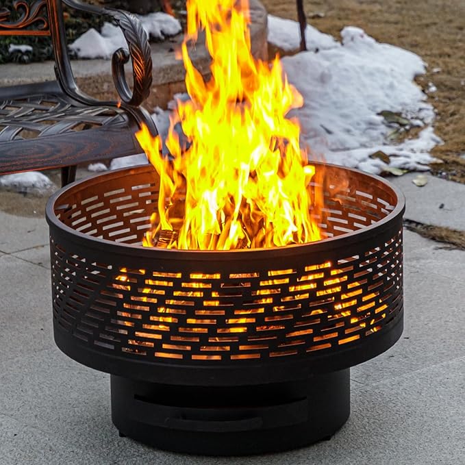 26" Wood Burning Fire Pits with Grill & Lid, Fire Pit Table for Outside with Waterproof Cover & Fire Poker, Outdoor Firepit with Functions for BBQ,Table and Bonfire