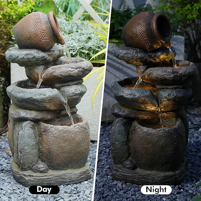 Outdoor Rock Garden Water Fountain for Garden, Patio, Backyard, Deck, Porch and Office, Living Room Home Art Decor, 3 Tiers Natural Cascading Outdoor Fountain with LED Lights 11“x9”x22