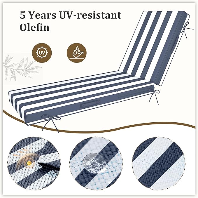 Chaise Lounge Cushions Outdoor Furniture 72 x 21 Inch Olefin Patio Lounge Chair Cushions 4'' Thick Waterproof Outdoor Chaise Cushion Weather Resistant Pool Lounger Cushion (Navy Stripe)