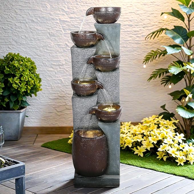 53.5” Tall 6-Tier Outdoor Water Fountain with LED Lights – Relaxing Cascading Resin Jar Waterfall for Garden, Patio, Backyard & Indoor Home Décor