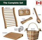 Sauna Accessories Kit - Handmade from Canadian Red Cedar Wood - Complete Set (Bucket & Ladle, Thermometer & Hygrometer, Sand Timer, Aromatherapy Cup, Backrest, Headrest)