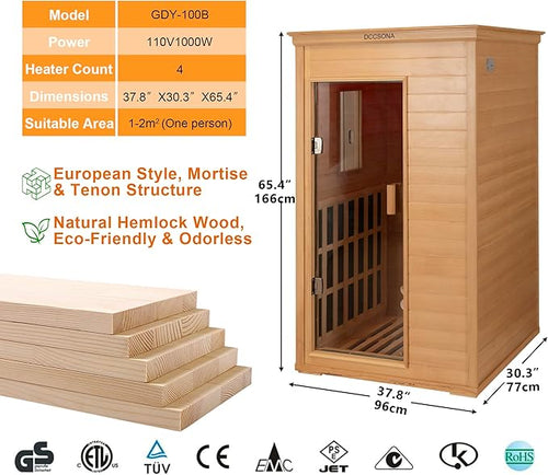 1-Person Indoor Infrared Sauna 1000W – Canadian Hemlock Wood Home Sauna with Red Light Therapy, Bluetooth Speaker, Glass Door,Big Room: 37.8" x 30.3" x 65.4"