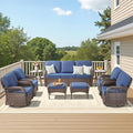 9 Pieces Patio Furniture Set Outdoor Sectional Sofa Couch with Rocking Swivel Chairs 5" Deep Seat Chairs, Modern Wicker Rattan Conversation Set, Blue/Brown Wicker