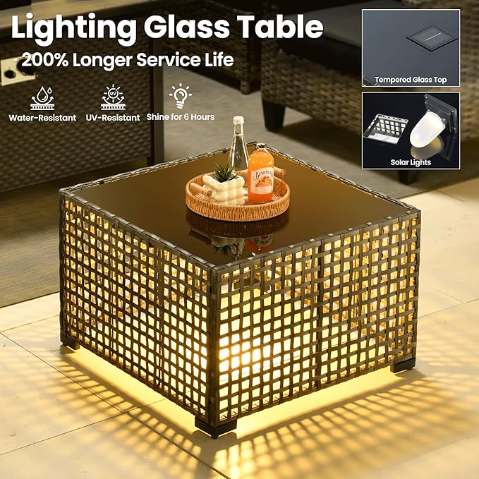 ovios 4 Pieces Patio Furniture Set Outdoor Sofa Couch with Solar Lights Table Comfy Cushions, Modern Deep Seat Wicker Rattan Conversation Set for Porch Deck, Black