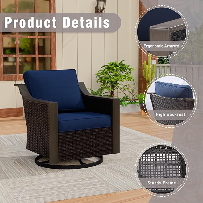 3 Piece Wicker Patio Conversation Set, All-Weather Use Outdoor Wicker Sofa with 2 PE Rattan Swivel Chair, Removable Water-Resistant Cushion, Ideal for Porch, Backyard, Balcony, Poolside, Blue