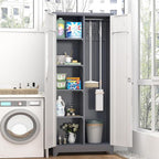 GREATMEET 72.8" Broom Storage Cabinet, Utility Cabinets for Brooms and Mops, Metal Storage Cabinets for Cleaning Supplies, Utility Closet for Garage, Grey&White