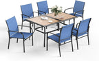 7 Pcs Patio Dining Set for 6, Rectangular Metal Dining Table (PVC Table Top) with Umbrella Hole and 6 Chairs, Outdoor Dining Set for Lawn Garden Deck, Blue