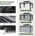 Aoxun Hardtop Gazebo 12FT X 16FT, Outdoor Pergolas with Mosquito Netting and Curtains, Galvanized Steel Double Roof Permanent Aluminum Gazebo, and LED Outdoor Waterproof Hanging Lights