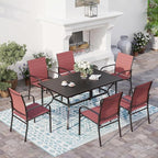 7 Piece Patio Dining Set for 6, Rectangular Metal Dining Table with Umbrella Hole and 6 Chairs, Outdoor Table and Chairs Set for Lawn Backyard and Deck, Red