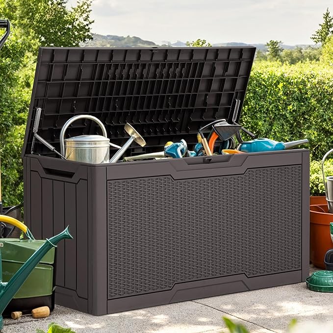 YITAHOME 80 Gallon Outdoor Storage Box, Large Water Resistant Resin Deck Box, Indoor Outdoor Lockable Rattan Storage Container for Patio, Garden, Cushions, Tools, Equipment (Dark Brown)