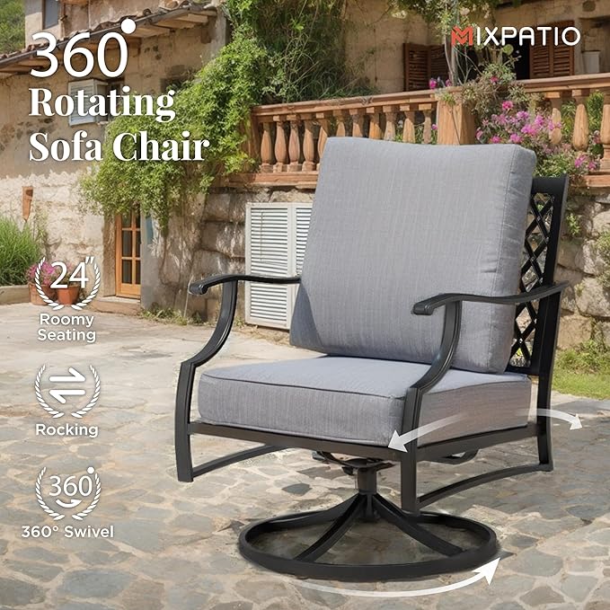 Patio Furniture Set 6 pcs, Outdoor Patio Furniture, 3-Seat Sofa, 2 Swivel Chairs, 2 Ottomans, Coffee Table and 5.75" Extra Thick Cushion, Patio Conversation Set for Garden Backyard Deck,Grey