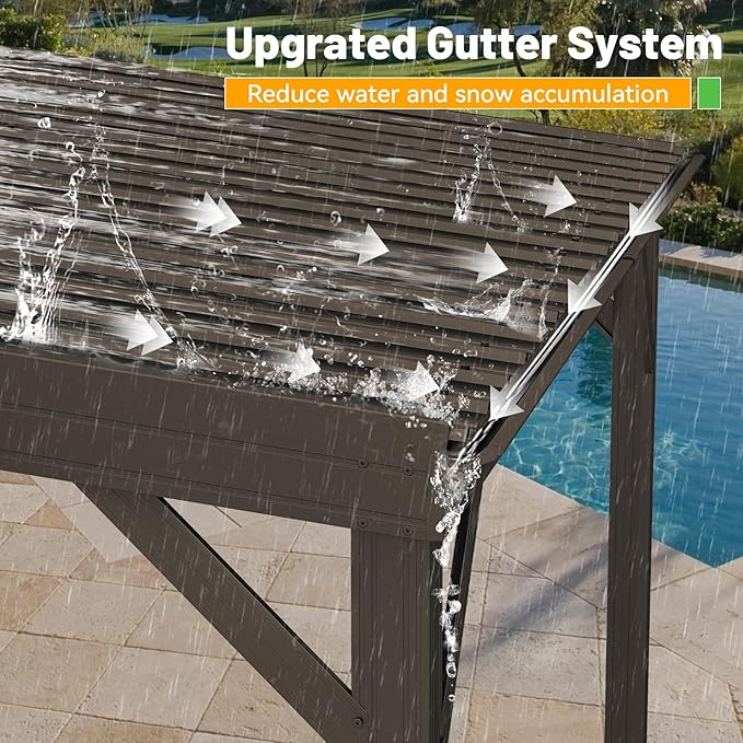12x20FT Lean to Gazebo, Outdoor Hardtop Wall Mounted Gazebo with Gutter & Sloping Galvanized Steel Roof, Metal Hard Top Awnings for Deck, Porch, Backyard -Brown