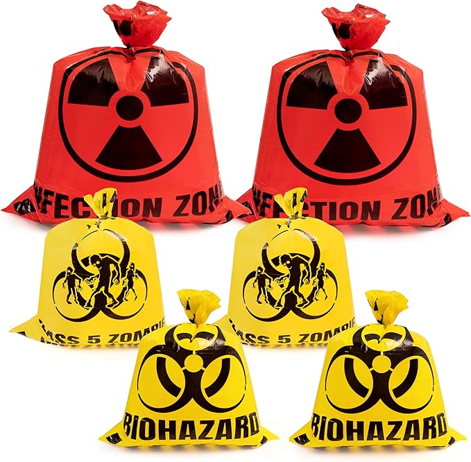CNhoqc Halloween Lawn Trash Bags - 12Pcs Zombie Warning Reusable Waste Bags with Twist Ties, Fallen Leaf Grass Clipping Trash Container, Heavy-Duty Plastic for Biohazard Parties Outdoor Decorations