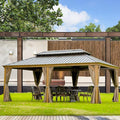 Domi Outdoor Living 12’x18’ Hardtop Gazebo, Wooden Coated Aluminum Frame Canopy with Galvanized Steel Double Roof, Outdoor Permanent Metal Pavilion with Curtains and Netting for Patio, Deck and Lawn