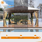 MELLCOM 12'x16' Hardtop Gazebo, Galvanized Steel Metal Double Roof Canopy with Curtains and Netting, Brown Permanent Pavilion Gazebos with Aluminum Frame for Garden, Patio, Lawns, Deck