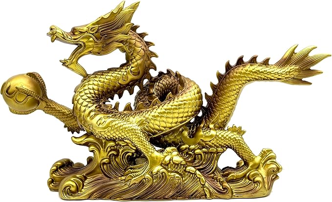 FUNSXBUG 13.6 INCH Chinese Feng Shui Dragon Statue Sculpture Resin Figurines FengShui Decor Home Office Desktop Tabletop Ornaments Decoration Good Lucky Gifts Gold