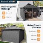 HAPPATIO 12' x 12' Hardtop Aluminum Gazebo with Galvanized Steel, Double Roof Permanent Patio Metal Canopy with Netting and Curtains for Garden, Lawns, Parties (Grey)
