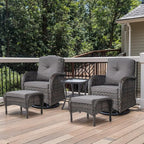 Outdoor Swivel Glider Rocker Chairs Set- 5 Piece Patio Furniture Set, Patio Bistro Sets with Tempered Glass Side Table and 2 Ottoman, for Balcony, Porch - Brown Wicker, Grey Cushion