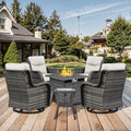 Patio Luxury Conversation Set 6PCS Resin Wicker Swivel Chairs Set, 4 Swivel Patio Chairs with Rattan Side Table and 30in Square Wicker Fire Table Set Grey Wicker|Beige Cushions