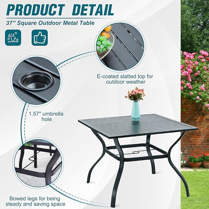 PHI VILLA 5 Pieces Patio Dining Set for 4 with 10ft Patio Umbrella, Metal Outdoor Stackable Wrought Iron Chair Set of 4 & 37" Metal Dining Table,3 Tier Vented Market Table Orange Red Umbrella