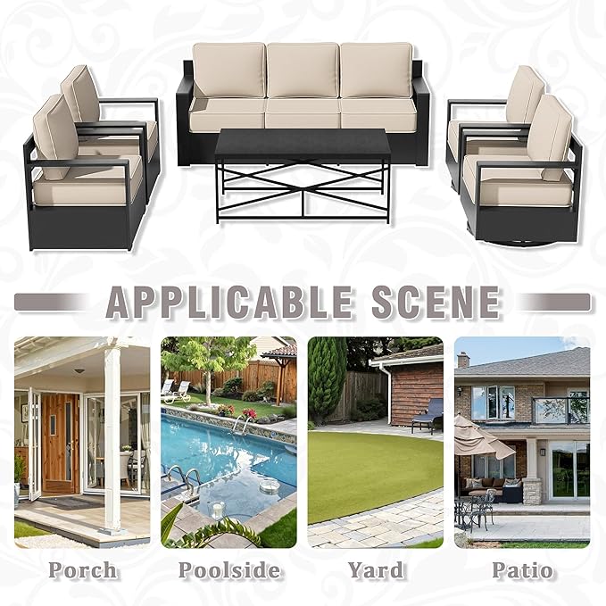 6 PCS Aluminum Patio Conversation Set - 3-Seater Sofa, 2 Swivel Chair, 2 Fixed Chair, 1 Metal Table with 6" Thick Water-insistant Cushions, All-Weather Use Removable Cover (Beige)