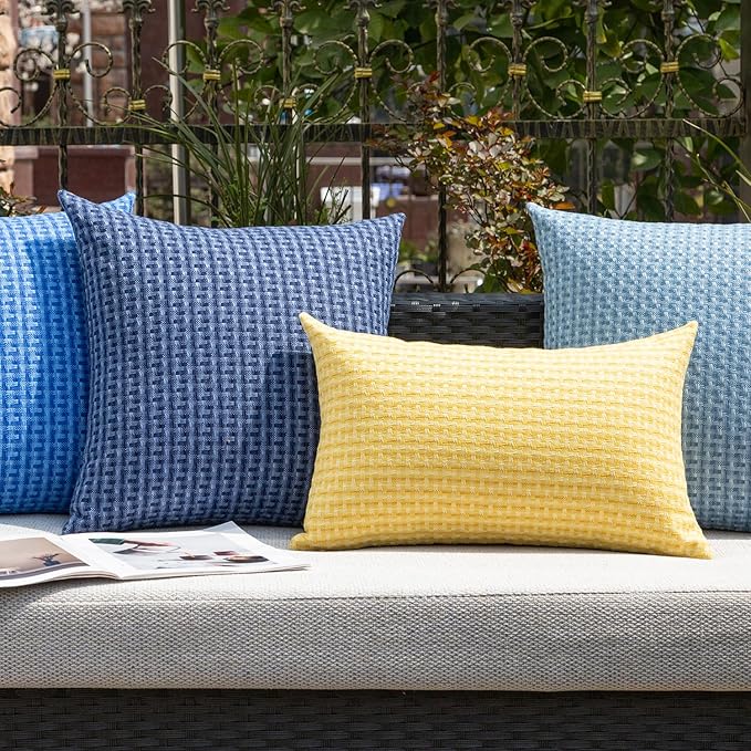 Kevin Textile Outdoor Waterproof Throw Pillow Covers Pack of 2 Weaving Texture Water Resistant Outside Decorative Cushion Covers for Garden Patio Tent Balcony Bench Couch Sofa 16x16 Inch, Navy Blue