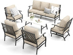 Patio Furniture Set 6 pcs, Outdoor Patio Furniture, 1 X 3-Seat Sofa, 2 X Single Chairs, 2 X Rocker Chairs, 1 X Coffee Table and 5.75" Extra Thick Cushion, Patio Conversation Set,Beige