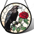 Stained Glass Window Hanging - Black Crow Red Rose Suncatcher for Doors Garden Patio Bird Sun Catchers Decor Christmas Mother's Day Birthday Gifts for Women Men Mom Nana Friend 6.3 in