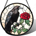 Stained Glass Window Hanging - Black Crow Red Rose Suncatcher for Doors Garden Patio Bird Sun Catchers Decor Christmas Mother's Day Birthday Gifts for Women Men Mom Nana Friend 6.3 in
