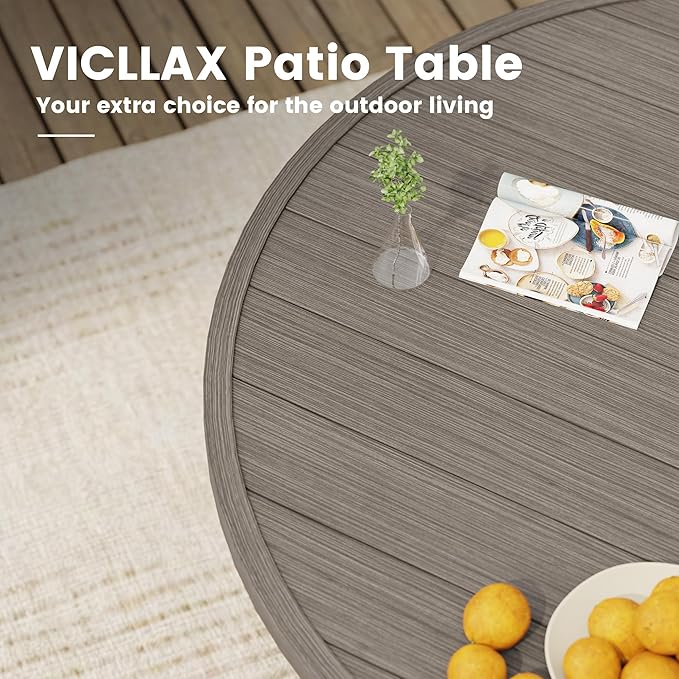 VICLLAX Outdoor Patio Round Dining Table, 41"x 41" Metal Slatted Round Tabletop with Adjustable Umbrella Hole for Deck Lawn Garden Backyard, Antique Grey