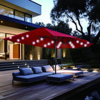PHI VILLA 15ft Large Patio Umbrellas with 36 LED Solar Lights, Double-Sided Outdoor Market Rectangle Umbrellas, Base (Stand) Included, Dark Red