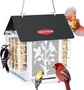 Kingsyard Metal Bird Feeder for Outdoor Hanging, Wild Bird Feeder with Double Suet Cage, Weatherproof Roof and 3 lbs Large Seed Capacity, White