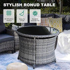MEISSALIVVE 9 Piece Outdoor Patio Furniture Set, Half-Moon Curved Sectional Sofa Rattan Conversation Set with 2 Wood Armrests Swivel Rocker Chairs, Round Coffee Table & Side Table（Grey）