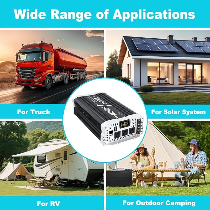 3000 watt Pure sine Wave Inverter, 12V DC to 110V AC Power Inverter, Used for Solar Emergency Power Supply in RV Homes, with 3 AC Output sockets, USB Port, Type-C Port, Remote Control with LCD Screen
