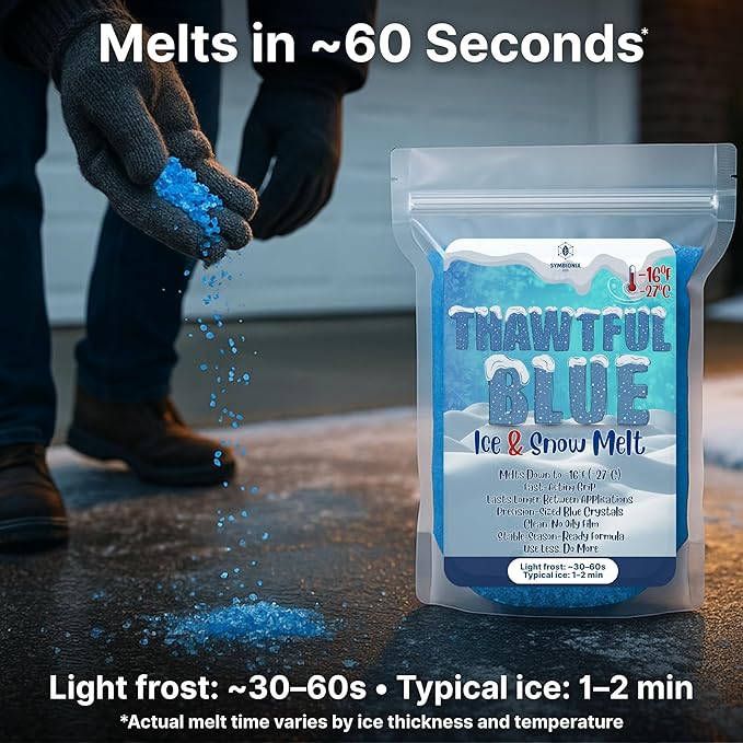 Thawtful Blue Ice & Snow Melt – Snow Melt, Rock Salt, Driveway & Sidewalk Salt for Ice, Blue Granular Rock Salt, Melts to −16°F (−27°C) – Resealable Zip Bag (5 QUARTS - 10.6 lb.)