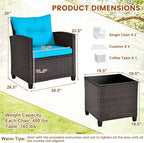 ORALNER 3 Pieces Patio Furniture Set, Outdoor Wicker Conversation Set Rattan Chairs with Cushions, Glass Coffee Table, Bistro Set for Front Porch Balcony Garden Deck Poolside (Turquoise)