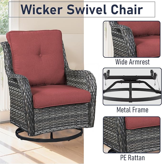 6 Pieces Patio Furniture Set with Fire Pit Table, Wicker Rattan Outdoor Furniture Set with Loveseat and Swivel Chairs for Yard, Deck, Garden, Grey Wicker/Red Cushion