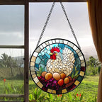 Stained Glass Window Hanging White Chicken Hatching Eggs 7.8" - Suncatcher Door Garden Sunroom Sun Catcher Home Decor Birthday Christmas for Mom Men Woman Nana