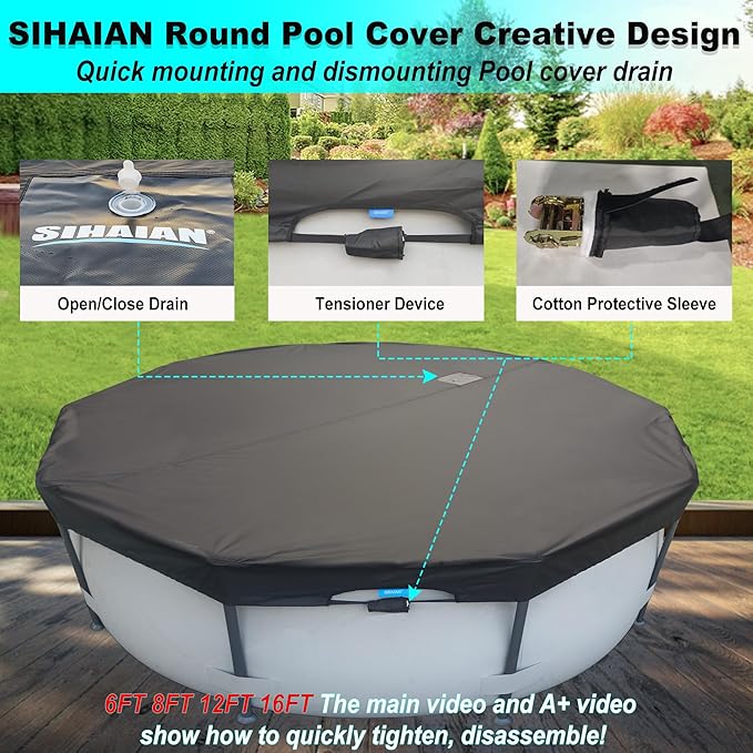 24 Ft Pool Cover, with Automatic Drain Round Pool Cover, One-Piece Quick Installation and Removal Above Ground Pool Cover, Preventing Waterlogging, UV Protected Solar Swimming Pool Cover