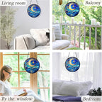kdqua Moon and Star Suncatcher Stained Glass Window Hanging, Blue Celestial Astronomy Sun Catchers Indoor Window Glass Round Wall Decor, Moon and Stars Wall Art Hanging Decorations Statues, 7.9x7.9in