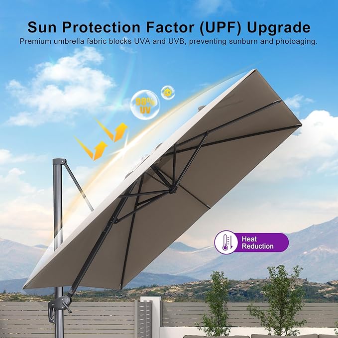 PURPLE LEAF 9 FT Outdoor Umbrella with Base Patio Cantilever Aluminum Umbrella with 3 Years Fade Resistance Recycled Fabric Offset Square with 360-degree Rotation for Deck Pool Garden, Ash Mocha