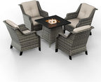 5-Piece Wicker Patio Furniture Set, 4 Armchairs and 1 Fire Pit, Conversation Set with Cushions, Beige