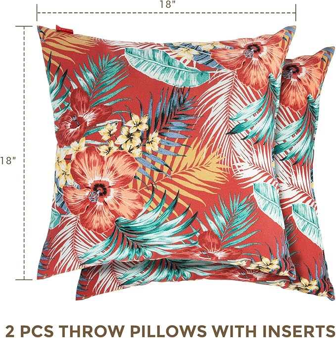 Throw Pillow with Insert, Set of 2, Outdoor Indoor Waterproof Decorative Patio Throw Pillow 18x18 Inch, Square Cushion for Couch Sofa Garden Farmhouse Decoration-Chili Red Floral