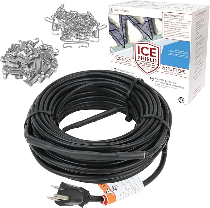 WarmlyYours Roof Snow De-Icing Heat Cable 60 ft., 5 Watts/ft. Heat Tape for Roof and Gutters, Ice Dam and Snow Damage Prevention System with Clips and Spacers (Ice Shield)