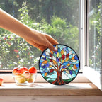 kdqua Tree of Life Suncatcher Stained Glass Window Hanging, Sun Catchers Indoor Window Glass Round Wall Decor, Nature Wall Art Hanging Decorations Statues Christmas & Birthday Gifts, 7.9x7.9in