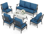 HERA'S HOUSE 6 Piece Patio Furniture Set, 4 x Fixed Metal Cushioned Chair, 1 x 3-Seat Sofa with Marbling Coffee Table, 7 Seats Outdoor Conversation Set for Lawn Garden Backyard, Pacific Blue